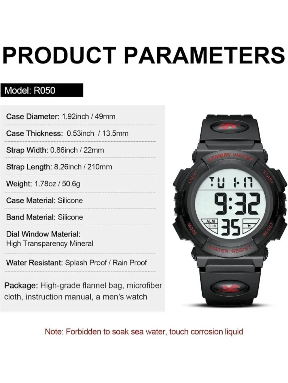 Men's Black And Red Analog Quartz Waterproof Tactical Digital Alarm Wrist Watch